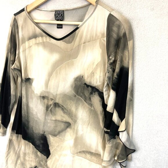 Clara Sun Woo Asymmetrical Ruffle Tunic Top Womens Small Stretch Abstract Shirt - Picture 3 of 12
